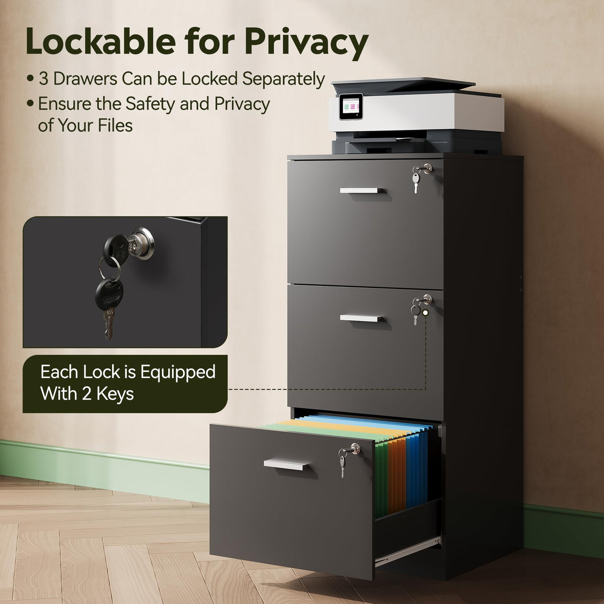 3 Drawer Wood File Cabinet with Lock D9505