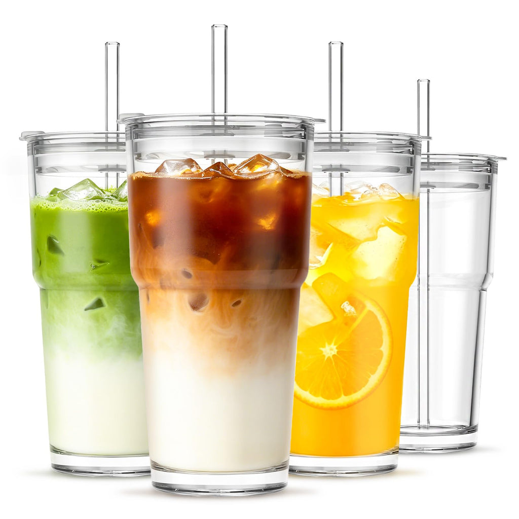 20 oz Iced Coffee Cups with Lids and Straw, Set of 4 Glass Tumbler I521