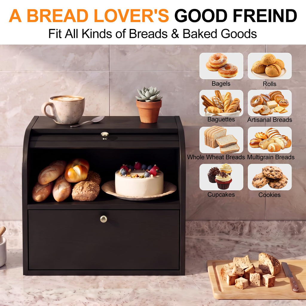 Black Roll Top Bread Box with Cutting Board F961