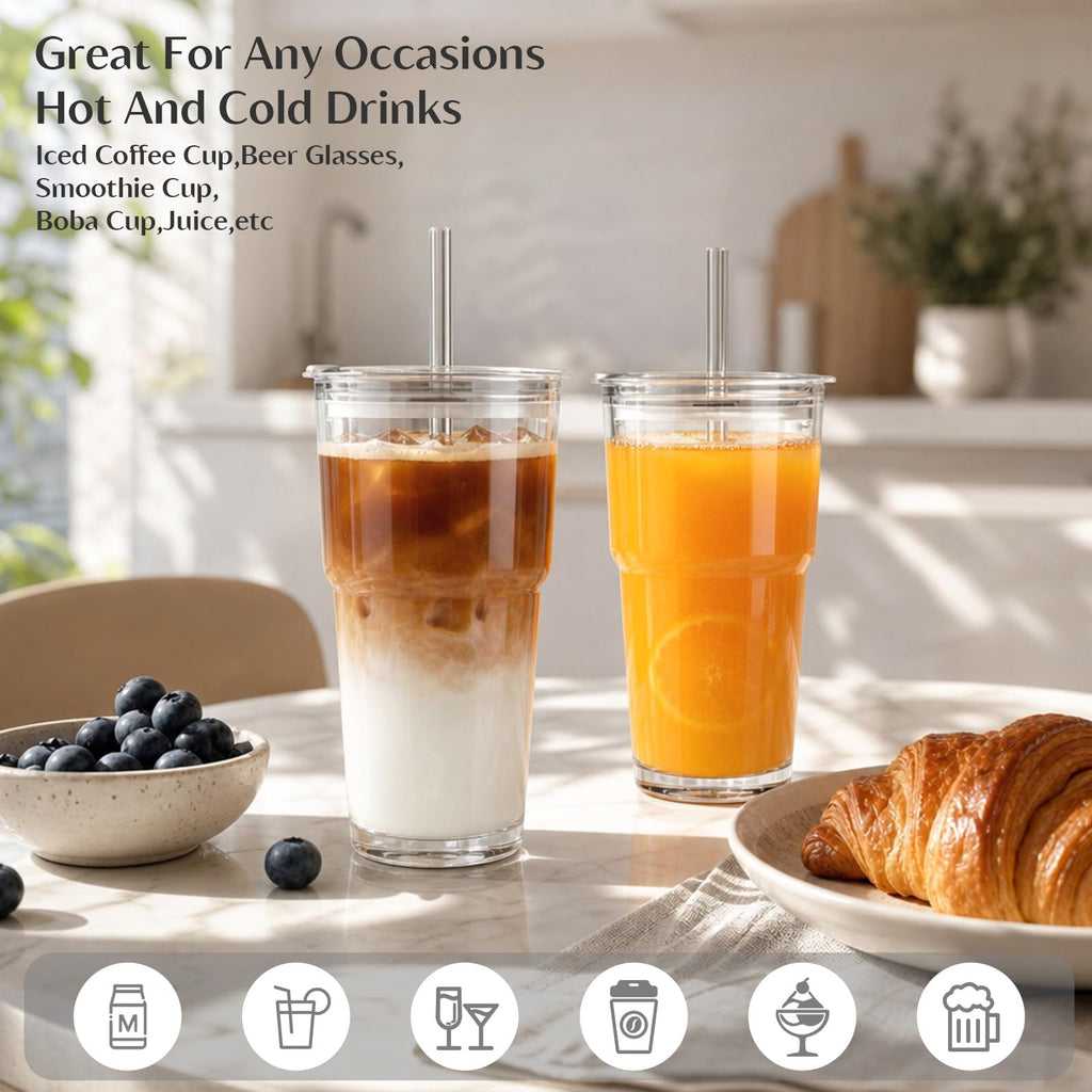 20 oz Iced Coffee Cups with Lids and Straw, Set of 4 Glass Tumbler I521