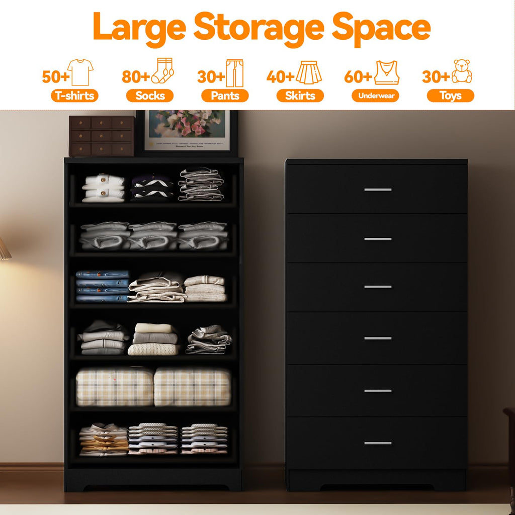 Black 6 Drawer Wood Dresser with Power Outlets C386