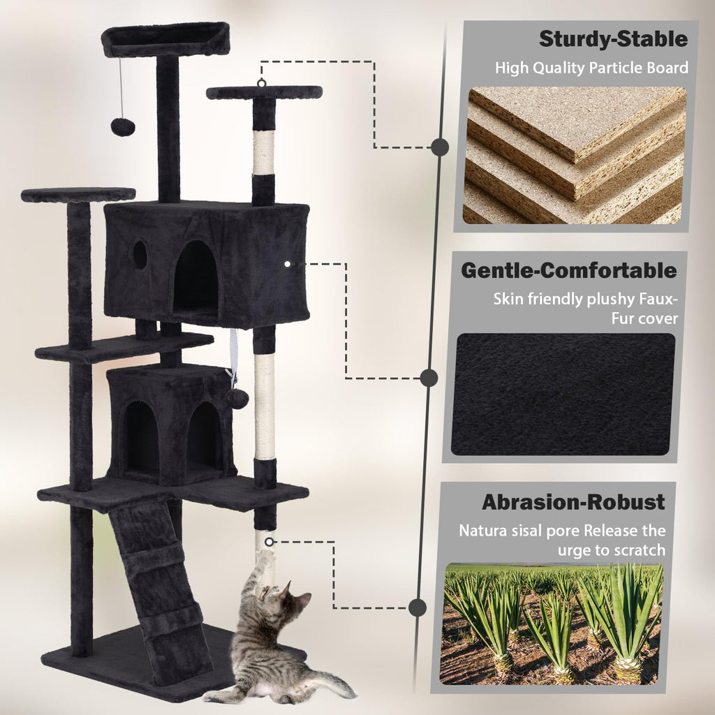 70" Dark Grey Cat Tree Tower with Scratching Post and Bed Y79117