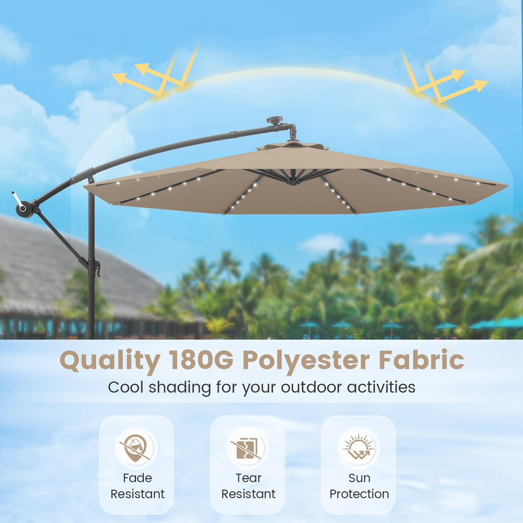 10FT Offset Patio Umbrella with Base and 40 Solar LED Lights Z2977