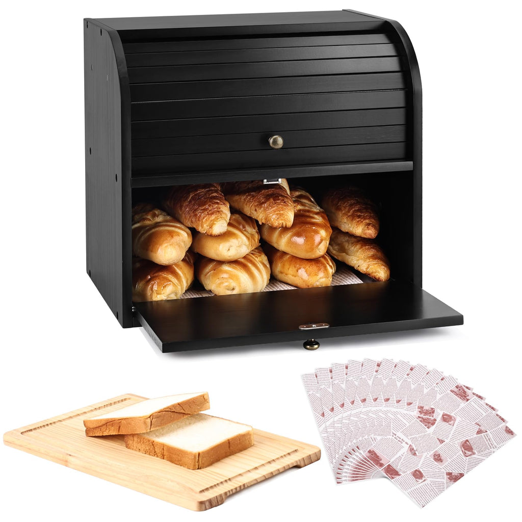 Black Roll Top Bread Box with Cutting Board F961