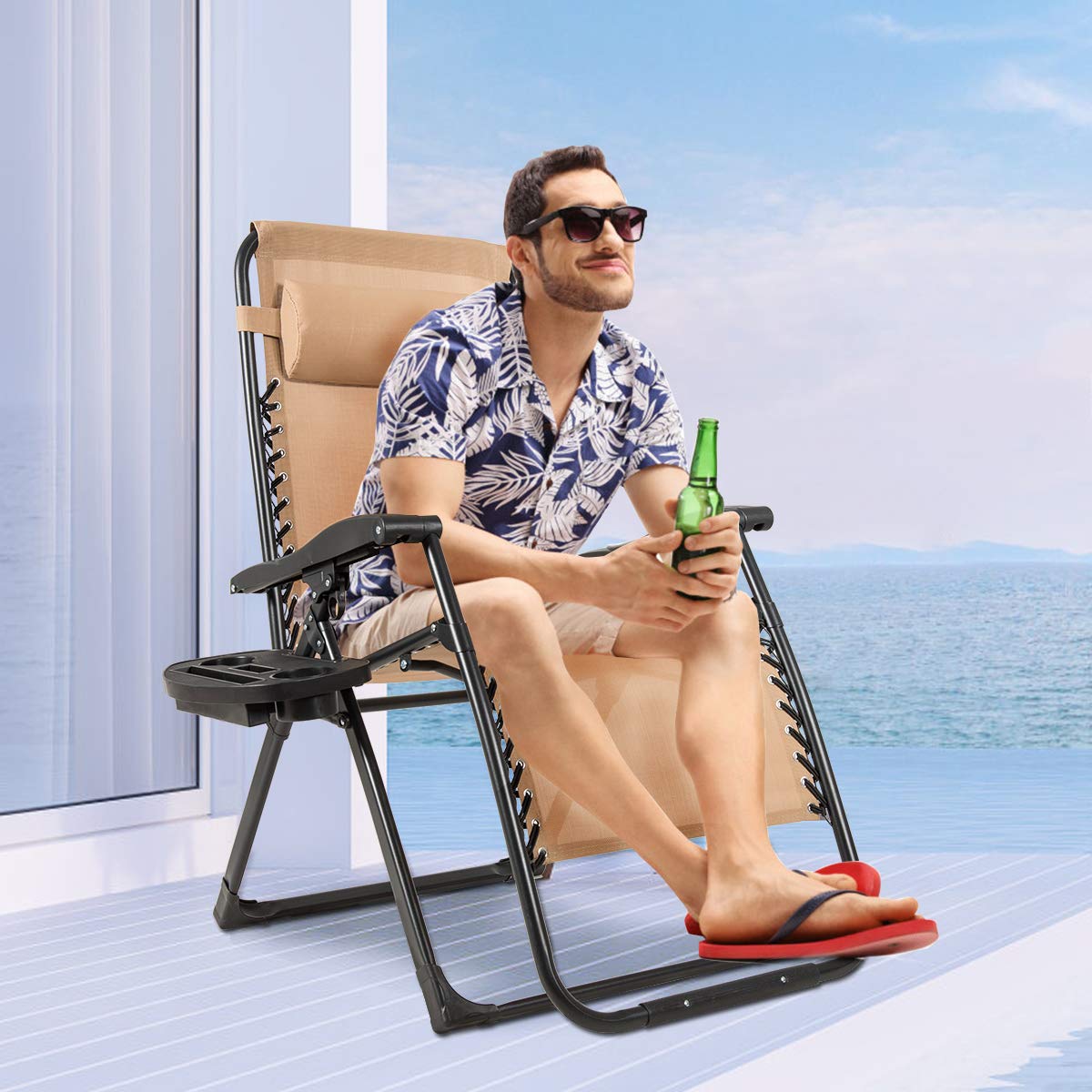 Oversized Zero Gravity Chair with Cup Holder & Detachable Headrest E30953