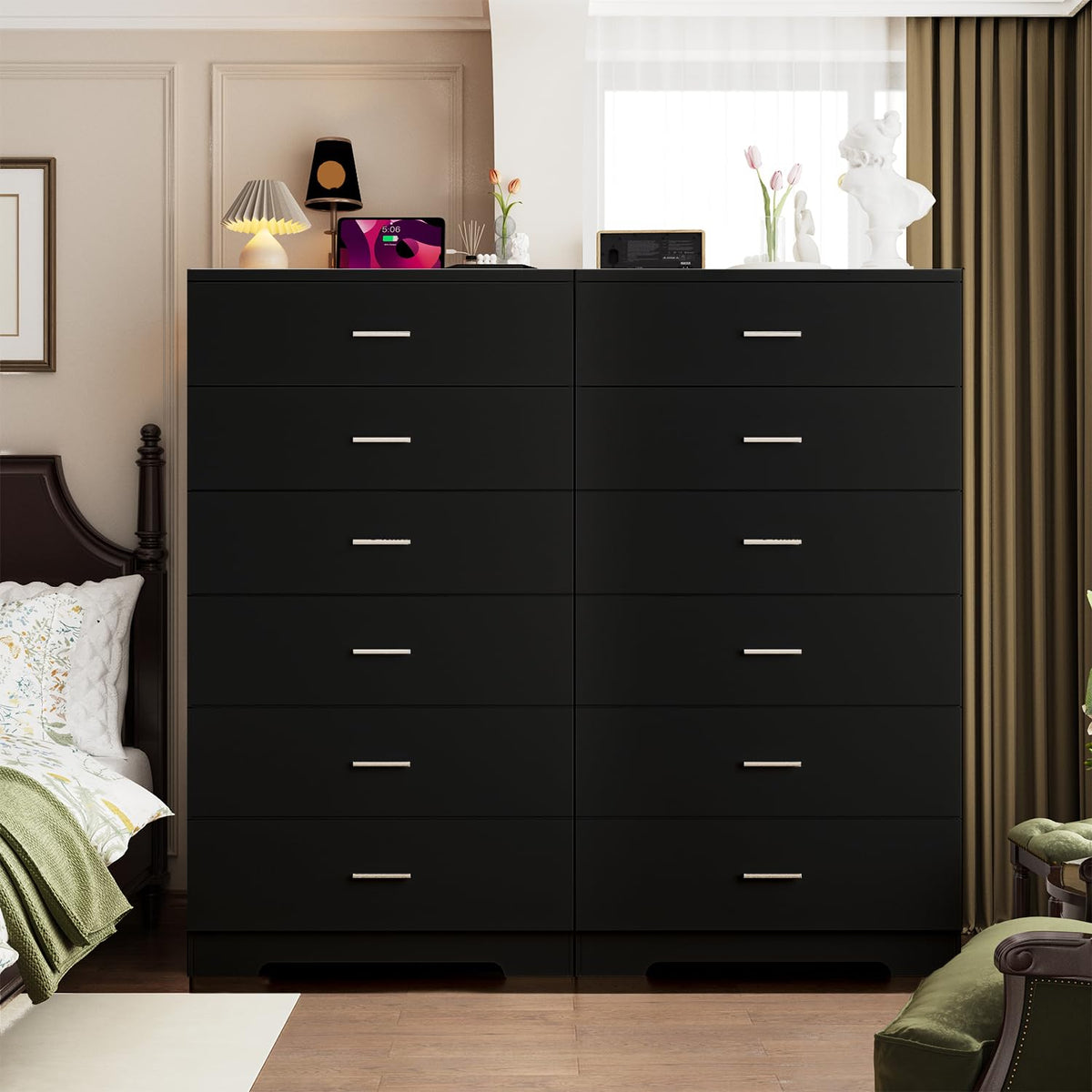 Black 6 Drawer Wood Dresser with Power Outlets C386