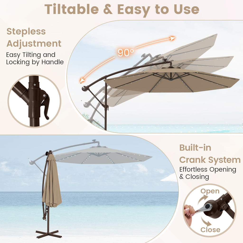 10FT Offset Patio Umbrella with Base and 40 Solar LED Lights Z2977