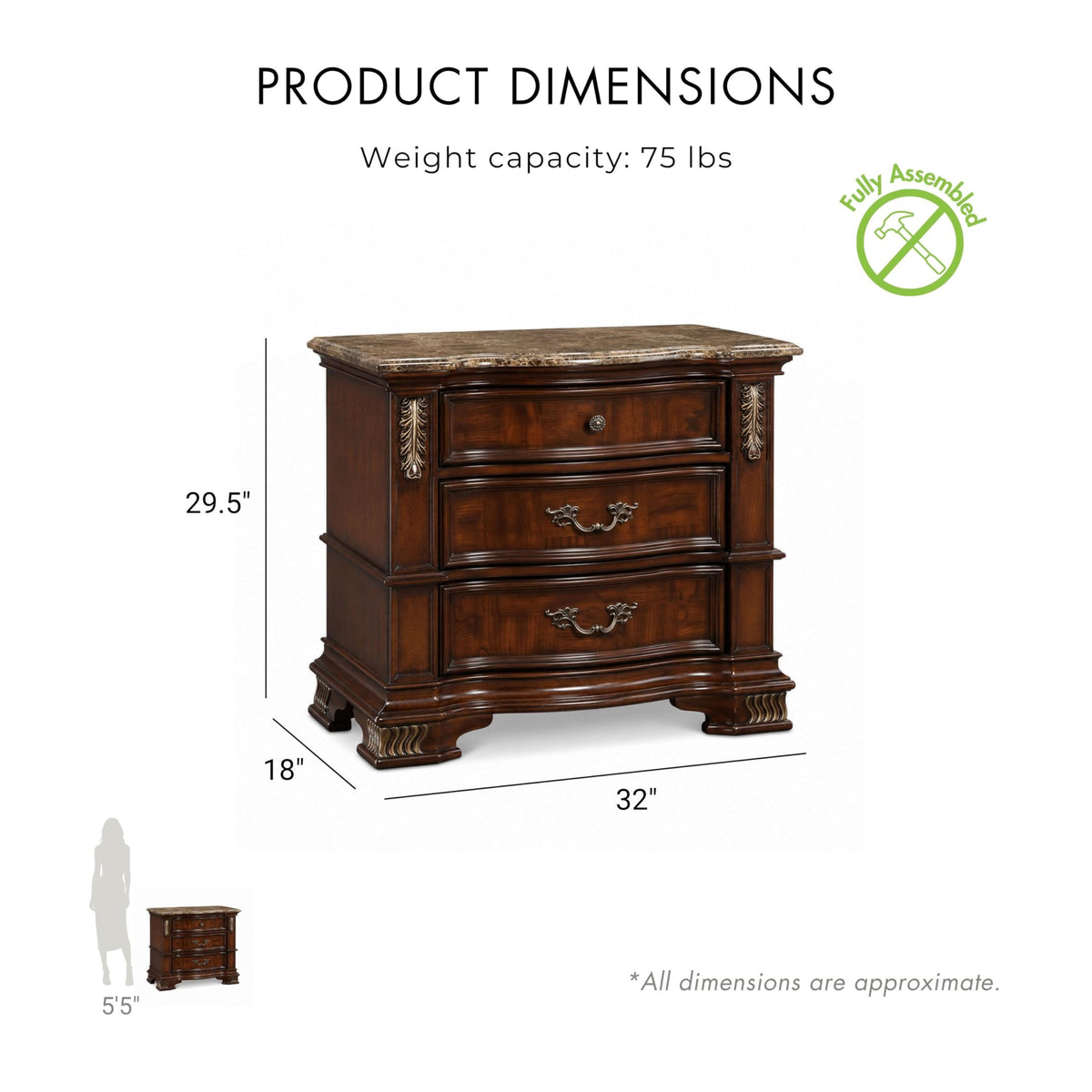 Wood 3-Piece California King Bedroom Set with Marble Top Nightstand I13655