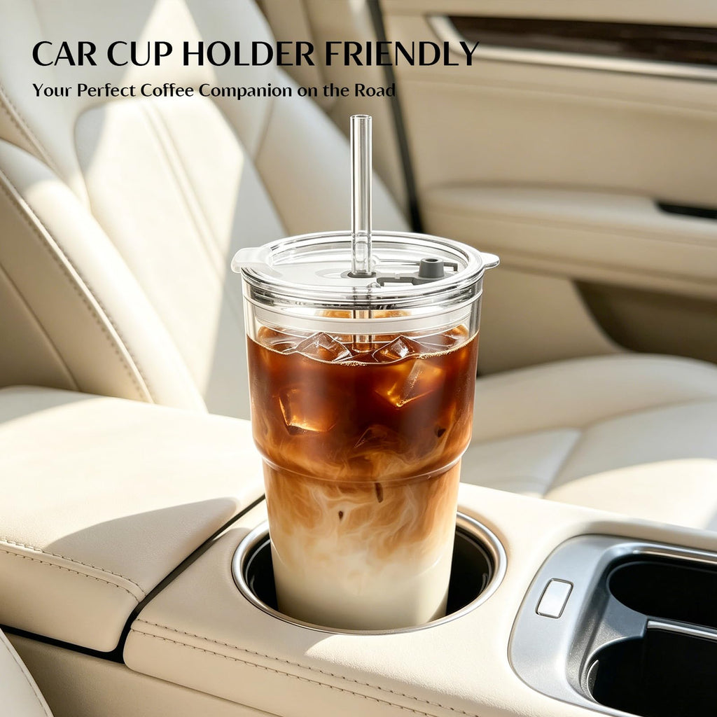 20 oz Iced Coffee Cups with Lids and Straw, Set of 4 Glass Tumbler I521