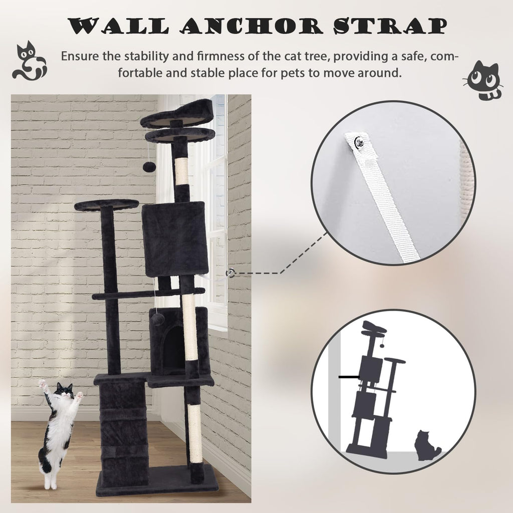 70" Dark Grey Cat Tree Tower with Scratching Post and Bed Y79117