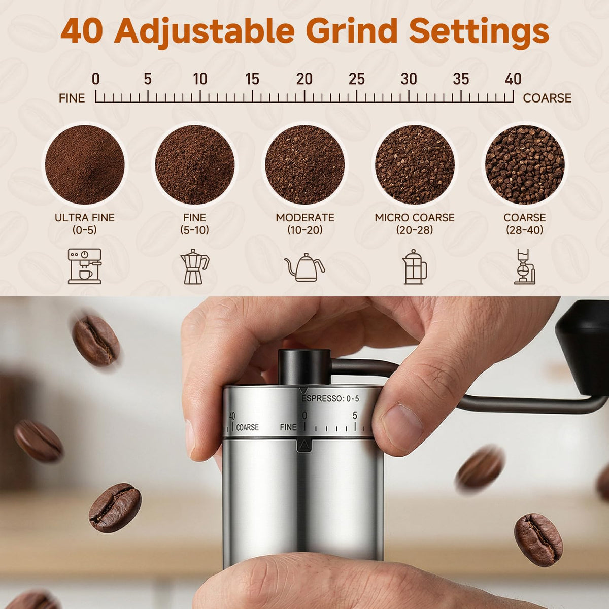Manual Stainless Steel Conical Burr Coffee Grinder with Hand Crank K8608