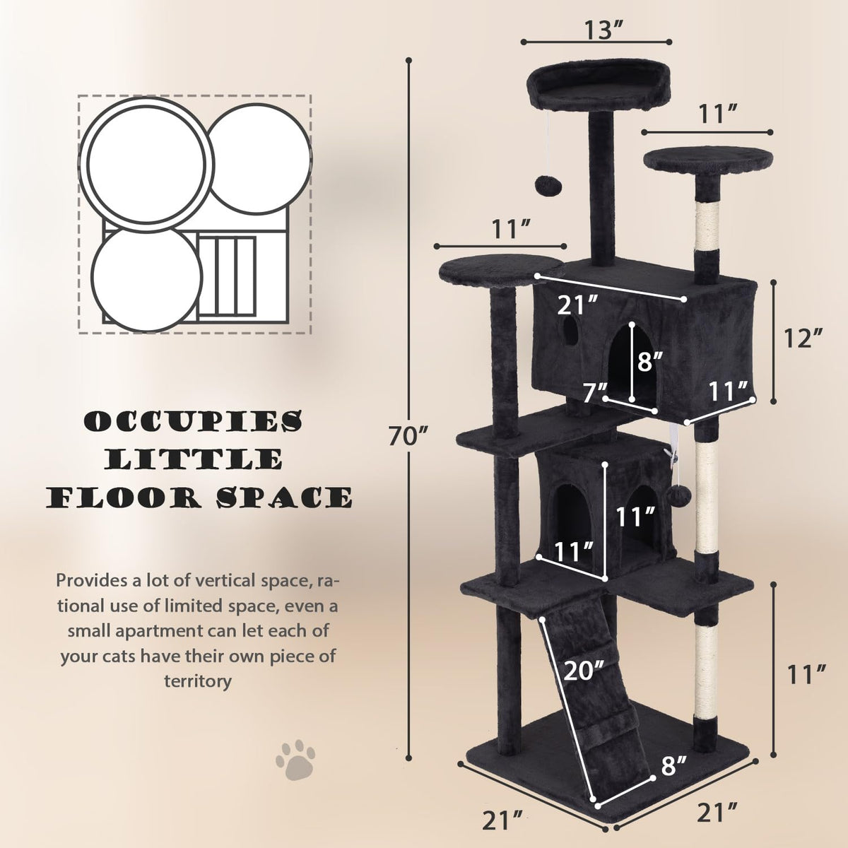 70" Dark Grey Cat Tree Tower with Scratching Post and Bed Y79117