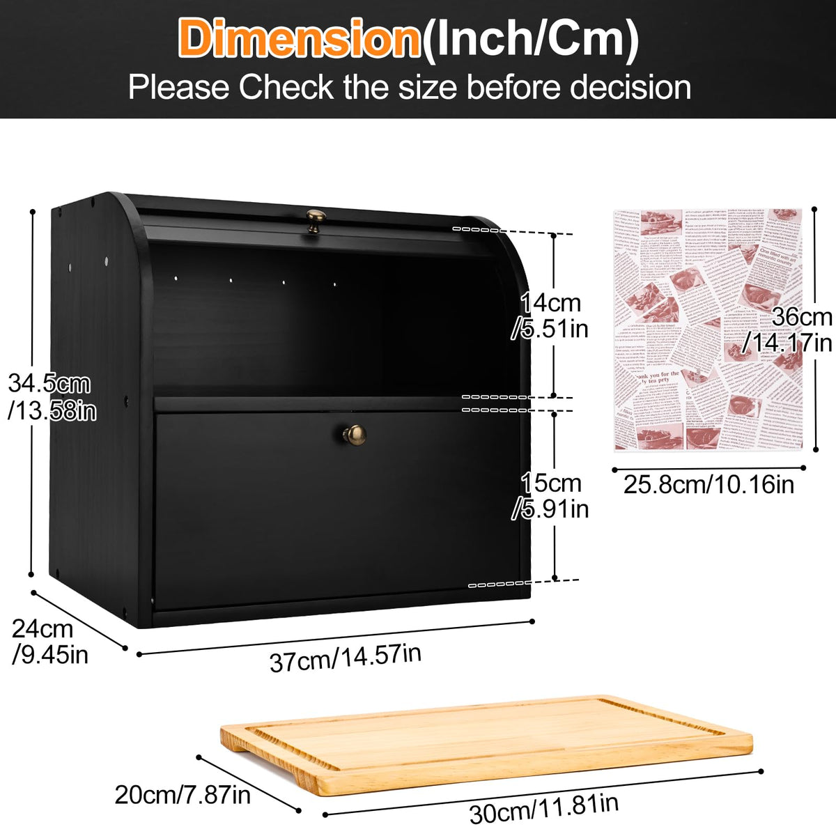 Black Roll Top Bread Box with Cutting Board F961
