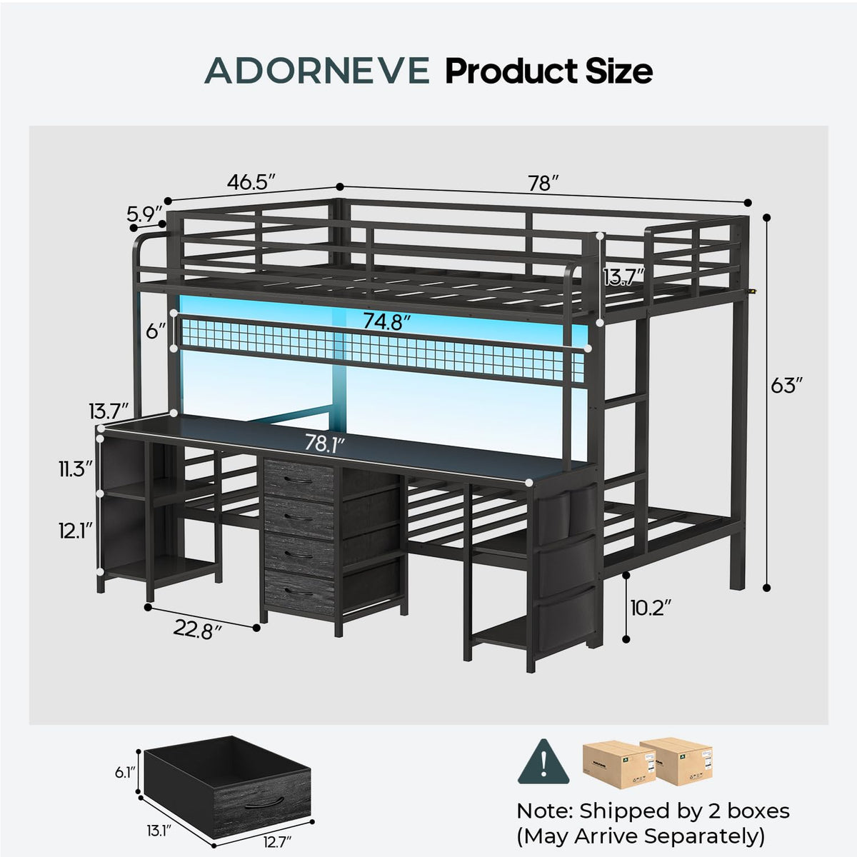 Twin Over Twin Bunk Bed with Desk and LED Lights C802