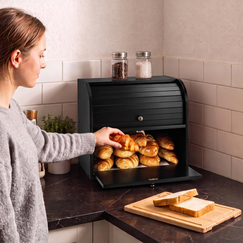 Black Roll Top Bread Box with Cutting Board F961