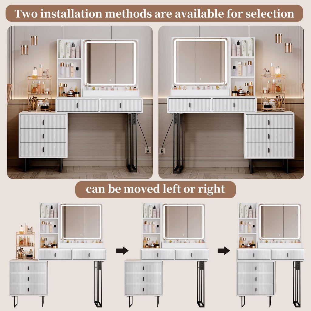 White Vanity Desk with Mirror and 5 Sliding Drawers N89395