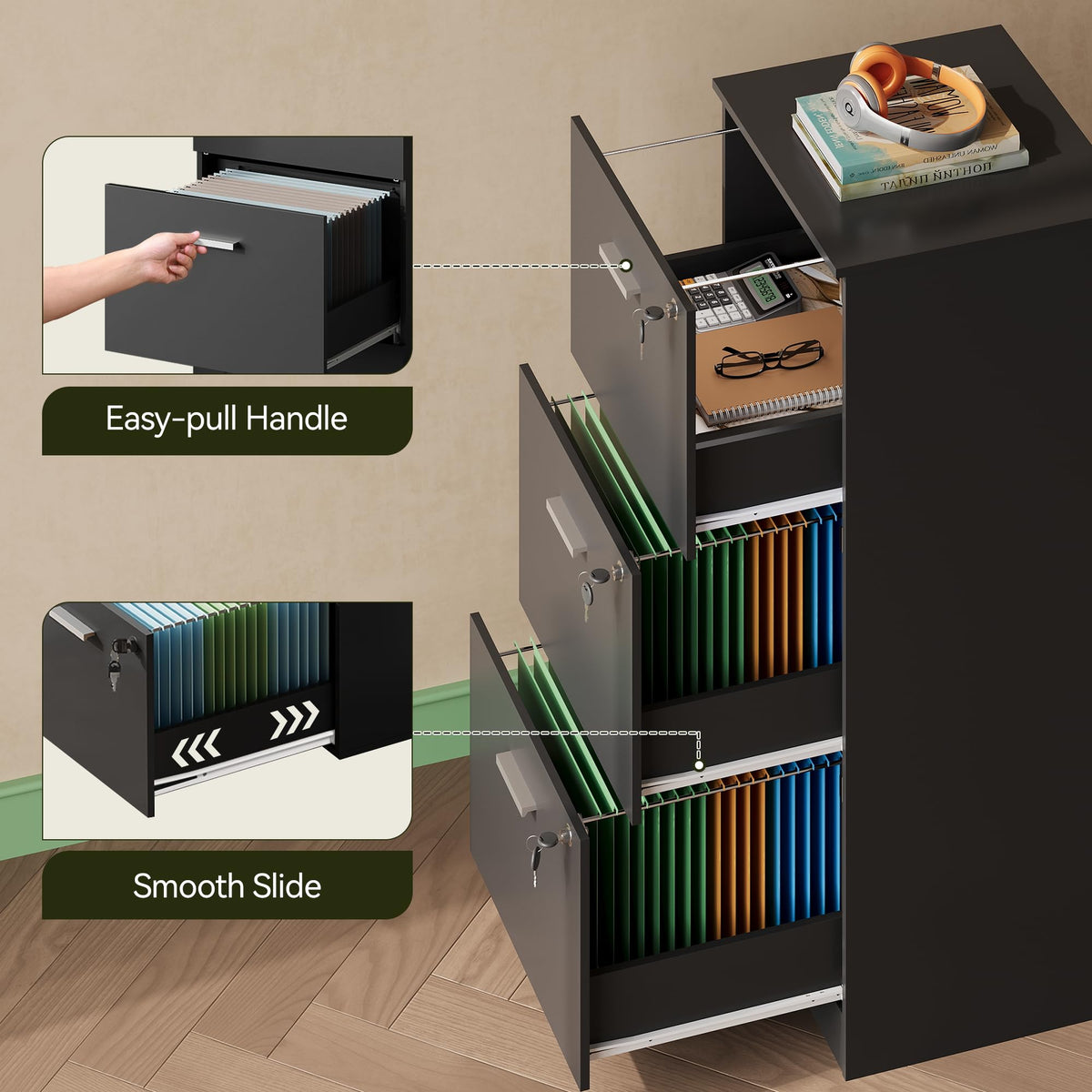 3 Drawer Wood File Cabinet with Lock D9505