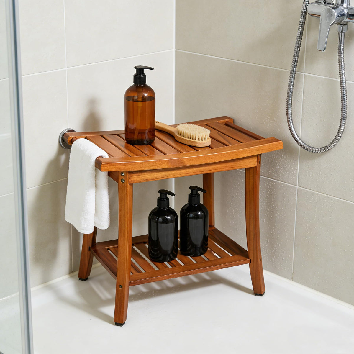 Teak Shower Bench Seat with Handles I7819