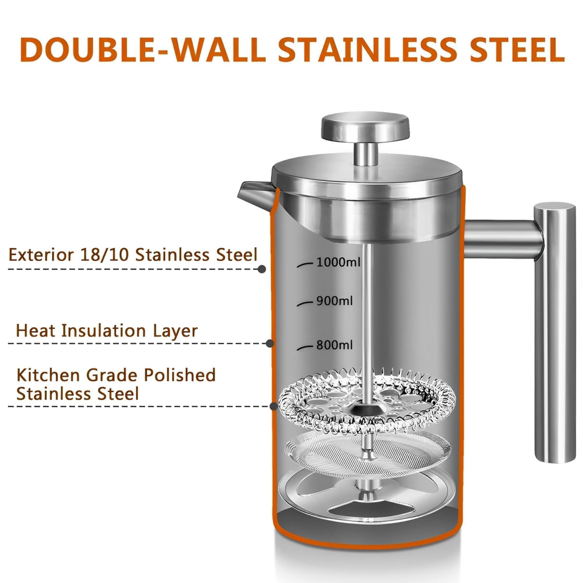 50oz Stainless Steel Double Wall Insulated French Press L238
