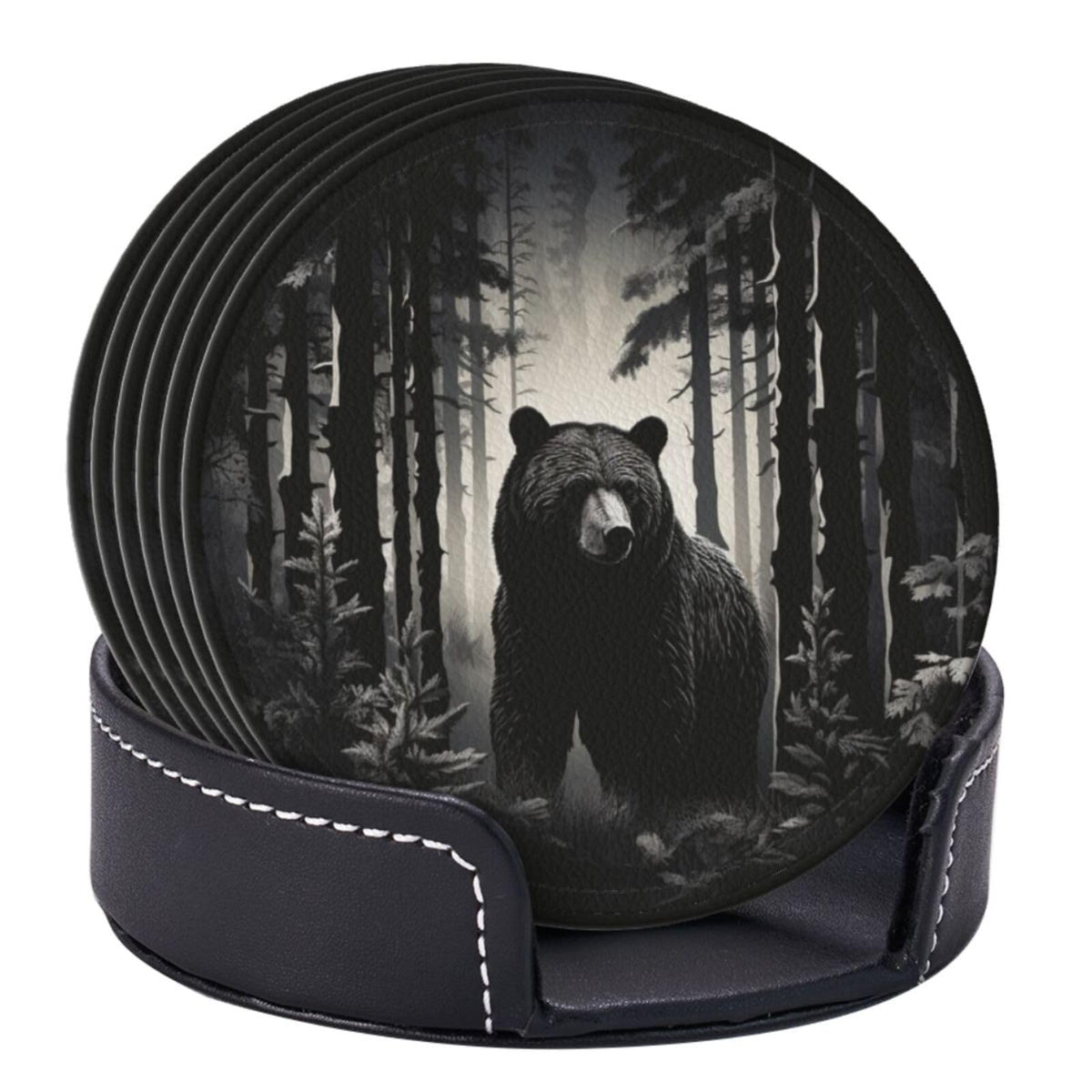 Black 6 Pcs Leather Coasters with Holder X57635