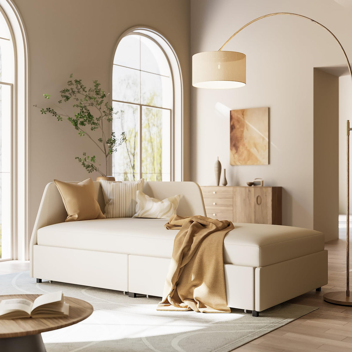 Twin Corner Daybed with 2 Drawers and Headboard, Beige S21654