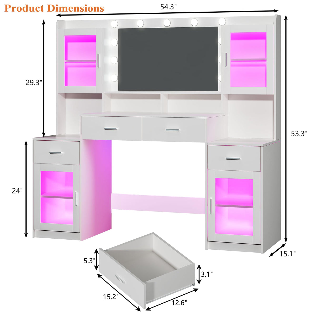 Large White Vanity Desk with Mirror and Lights R1760