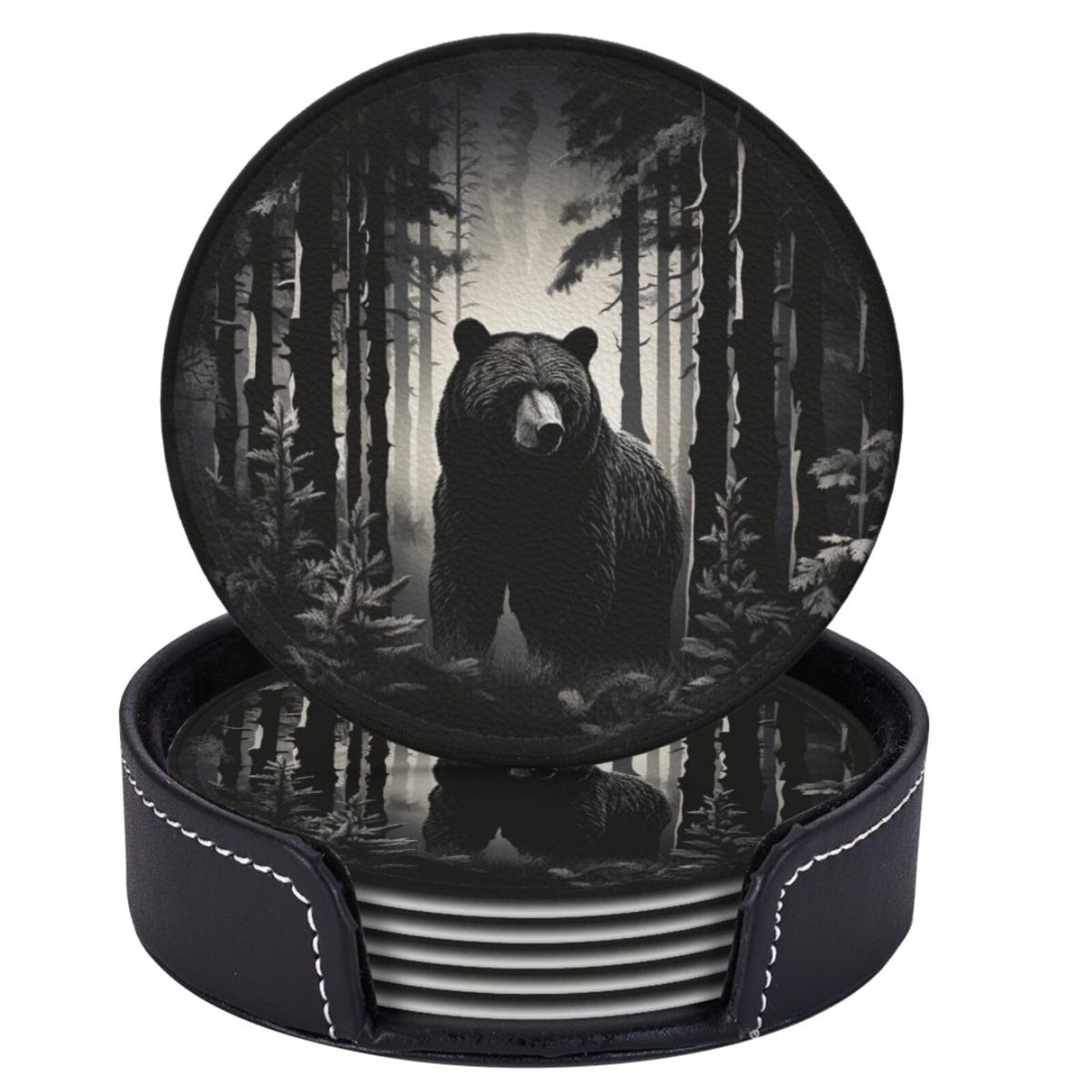 Black 6 Pcs Leather Coasters with Holder X57635