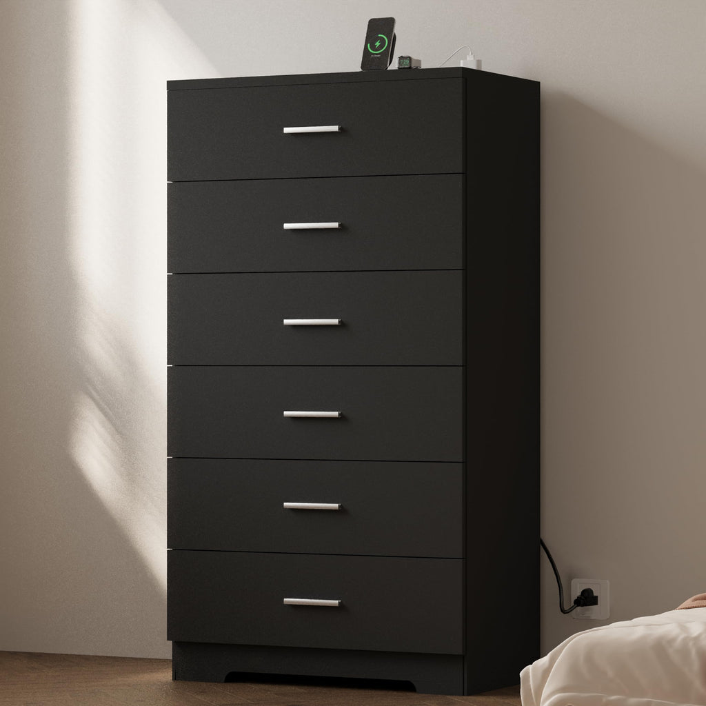 Black 6 Drawer Wood Dresser with Power Outlets C386