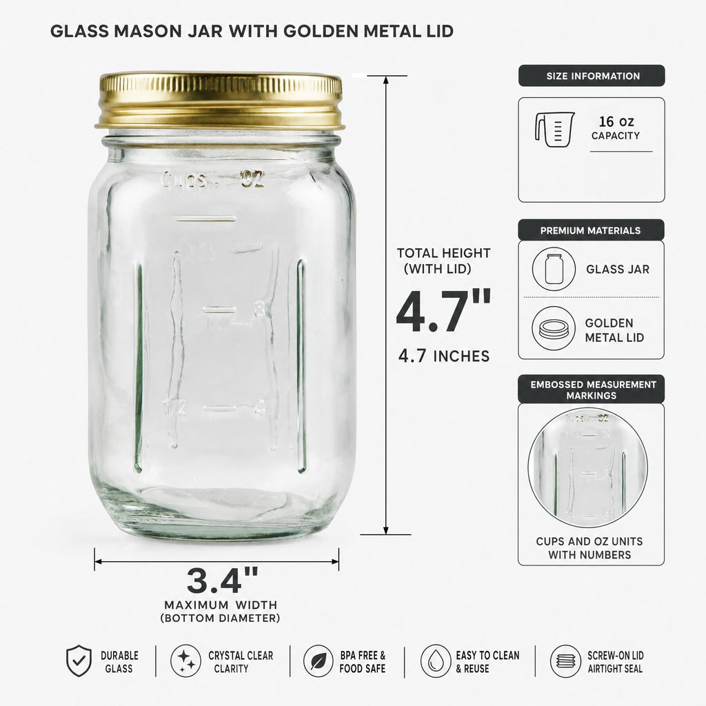16 oz Glass Mason Jars with Lids and Bands, 12 Pack Z148
