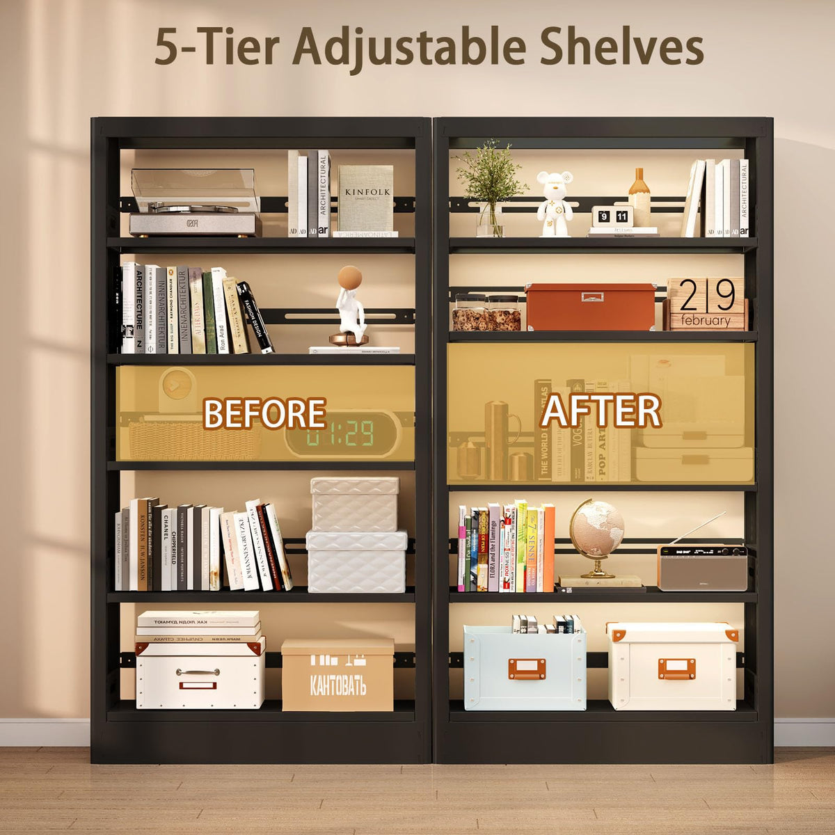 71" Black 5 Tier Metal Bookshelf with Adjustable Shelves F102