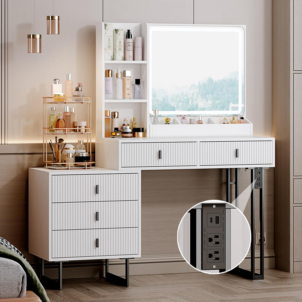 White Vanity Desk with Mirror and 5 Sliding Drawers N89395