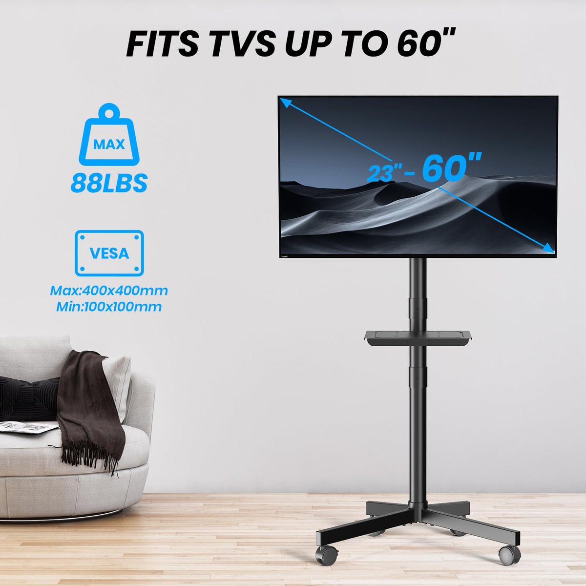 Height Adjustable Rolling TV Cart with Shelf and Locking Wheels G570