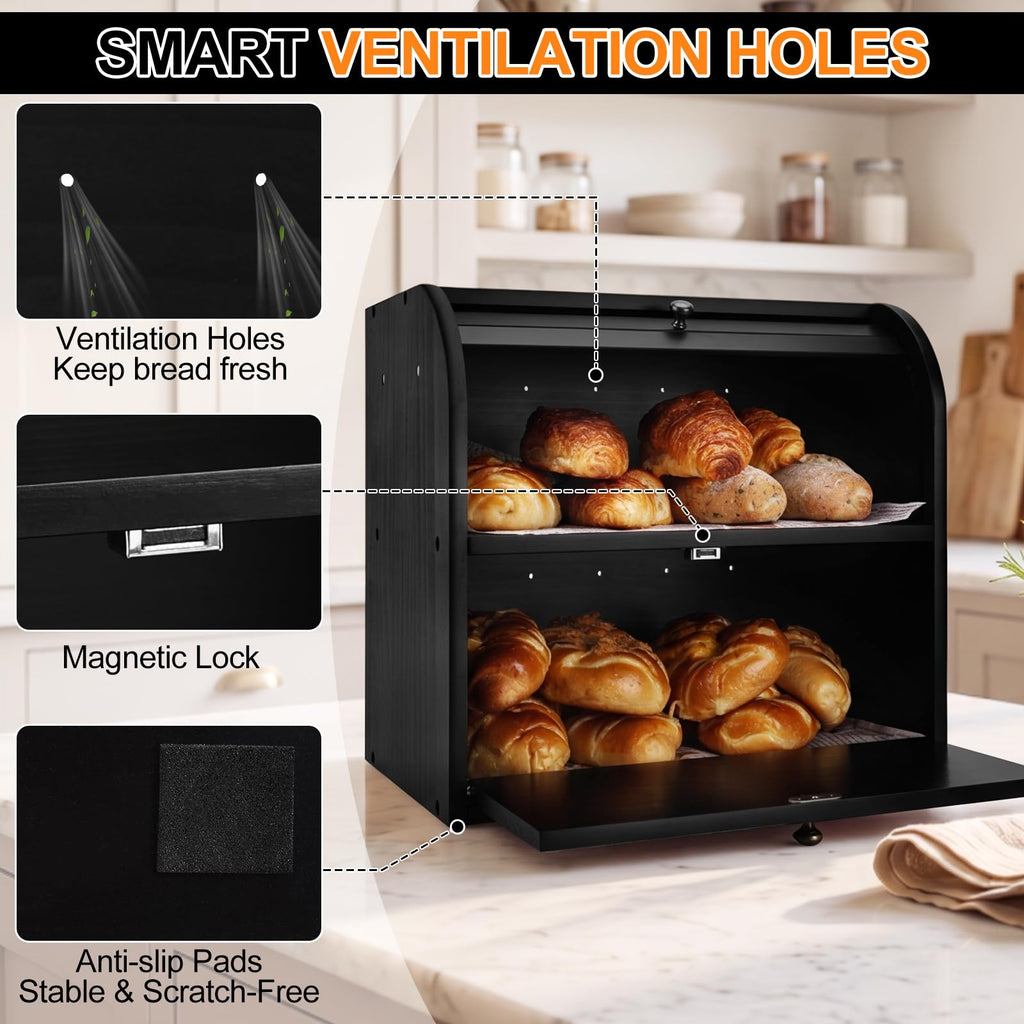 Black Roll Top Bread Box with Cutting Board F961