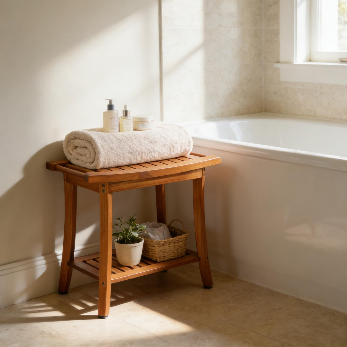 Teak Shower Bench Seat with Handles I7819