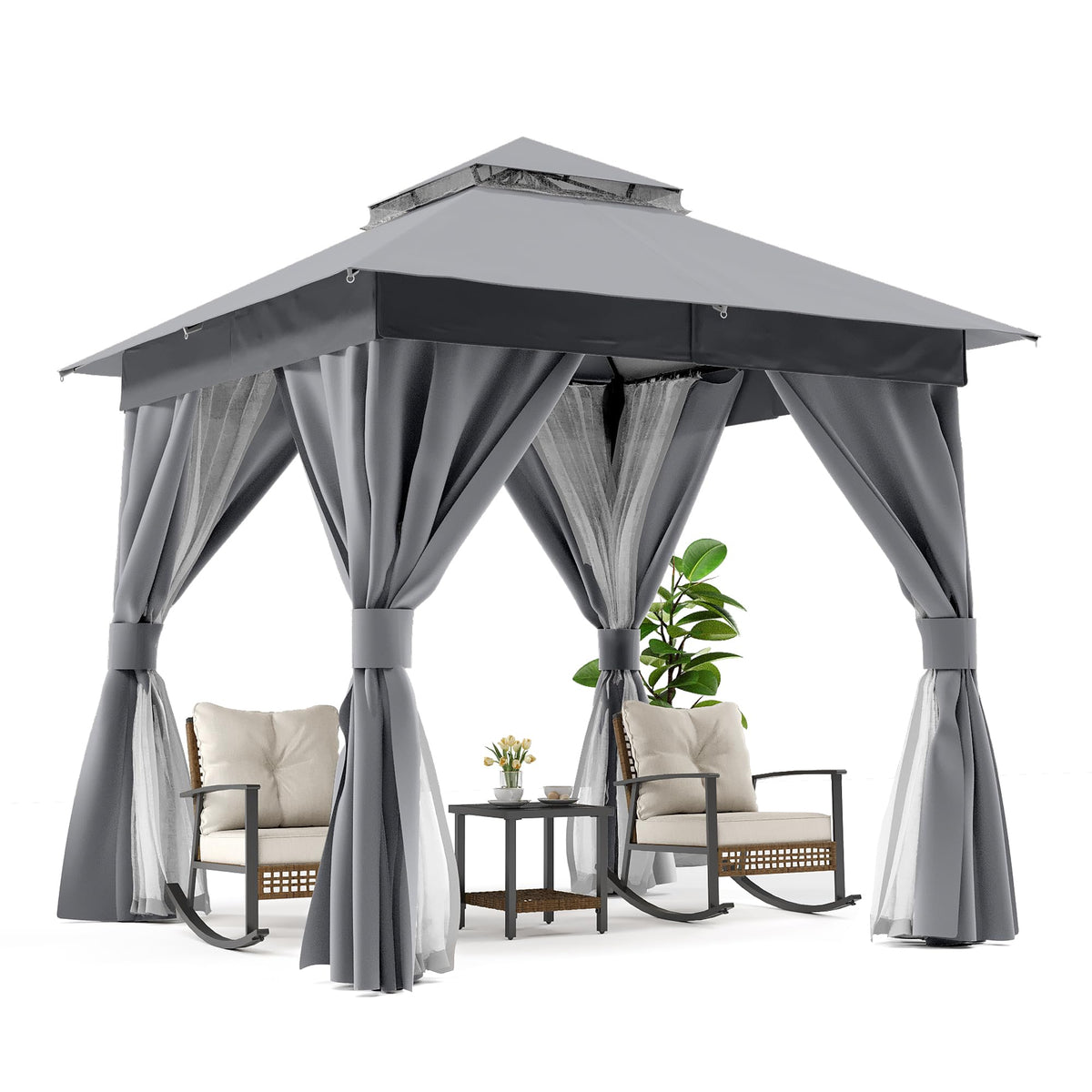 8'x8' Heavy Duty Patio Gazebo with Double Roofs, Mosquito Nettings and Privacy Screens V83895