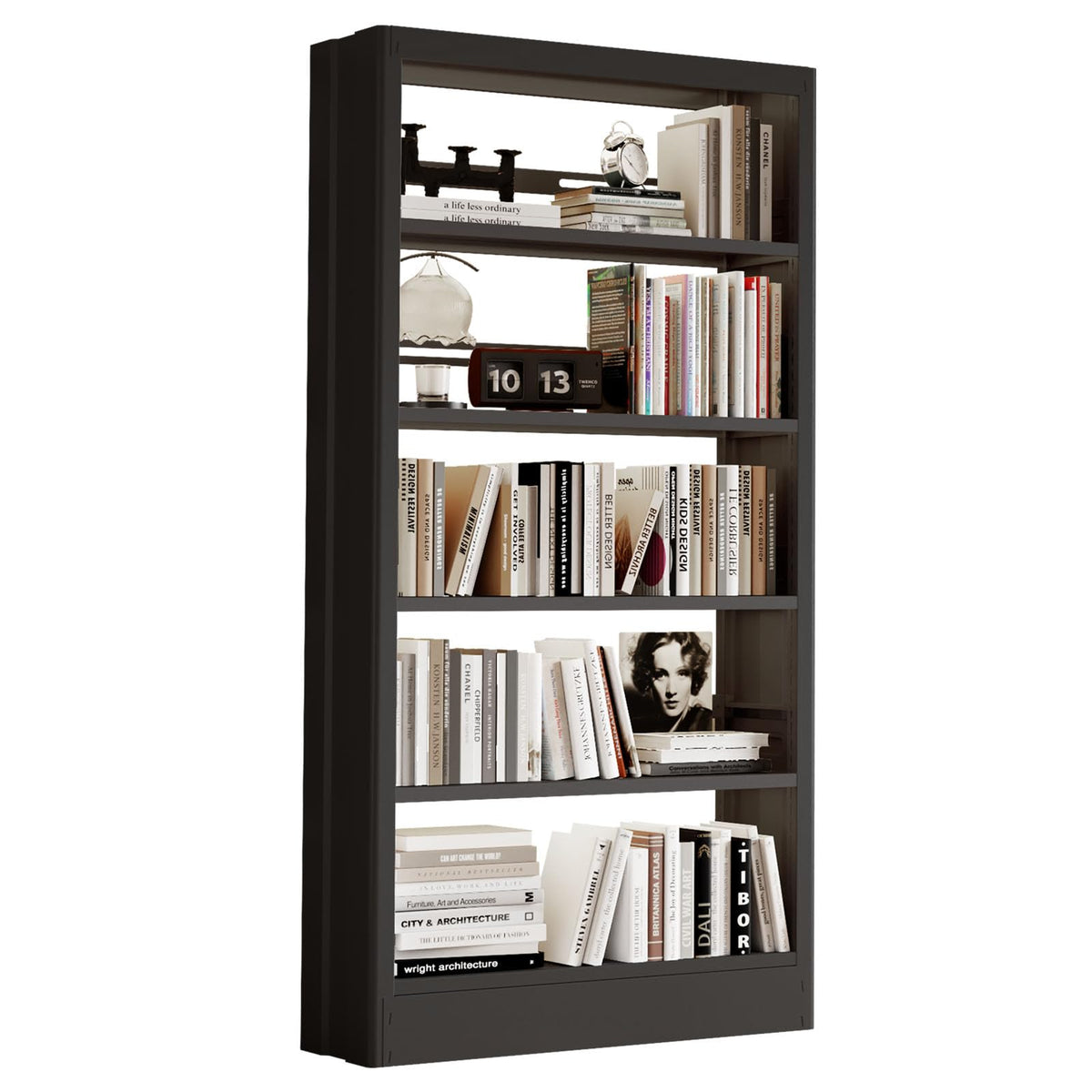 71" Black 5 Tier Metal Bookshelf with Adjustable Shelves F102
