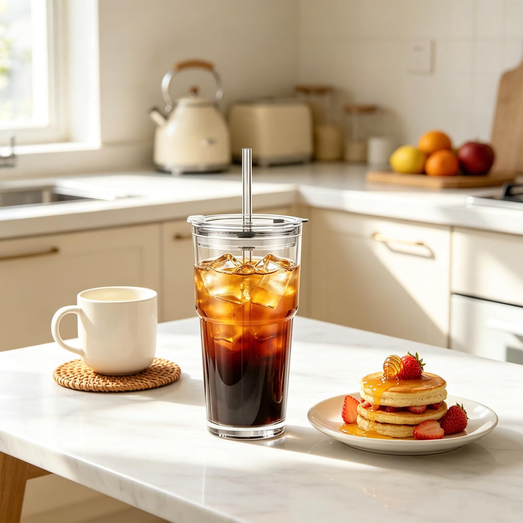 20 oz Iced Coffee Cups with Lids and Straw, Set of 4 Glass Tumbler I521