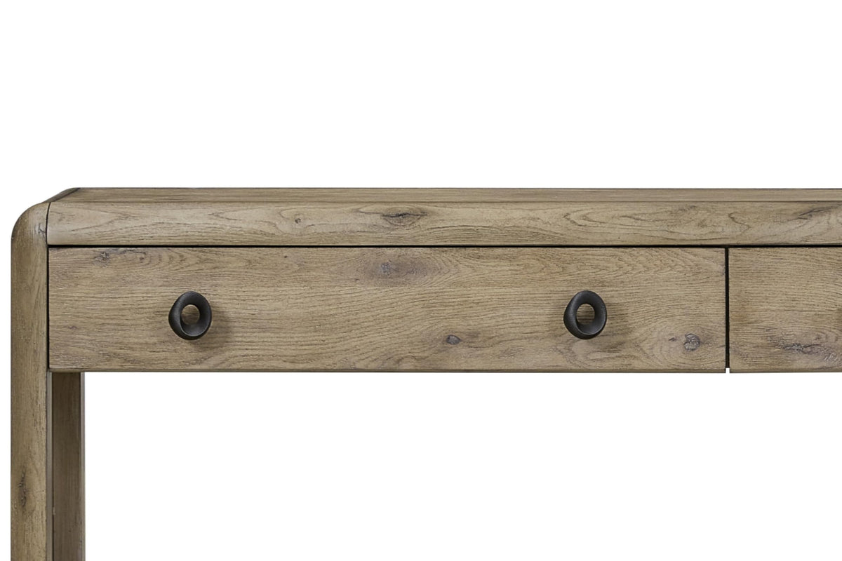 English Knotty Oak Console Table, Solid Wood and Engineered Wood Veneer, Two Self-Closing Drawers, Open Lower Shelf, Rounded Edges, 72 x 16 x 32.25 Inchs, Oak Finish T9895