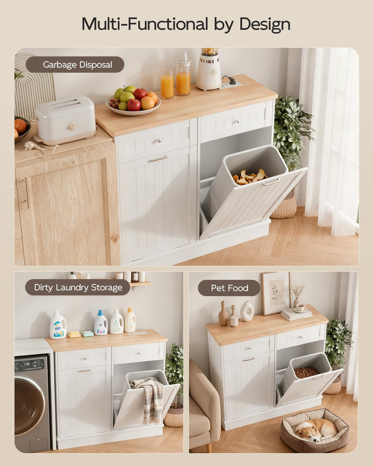 White Wooden Tilt Out Trash Cabinet with 2 Drawers M30250