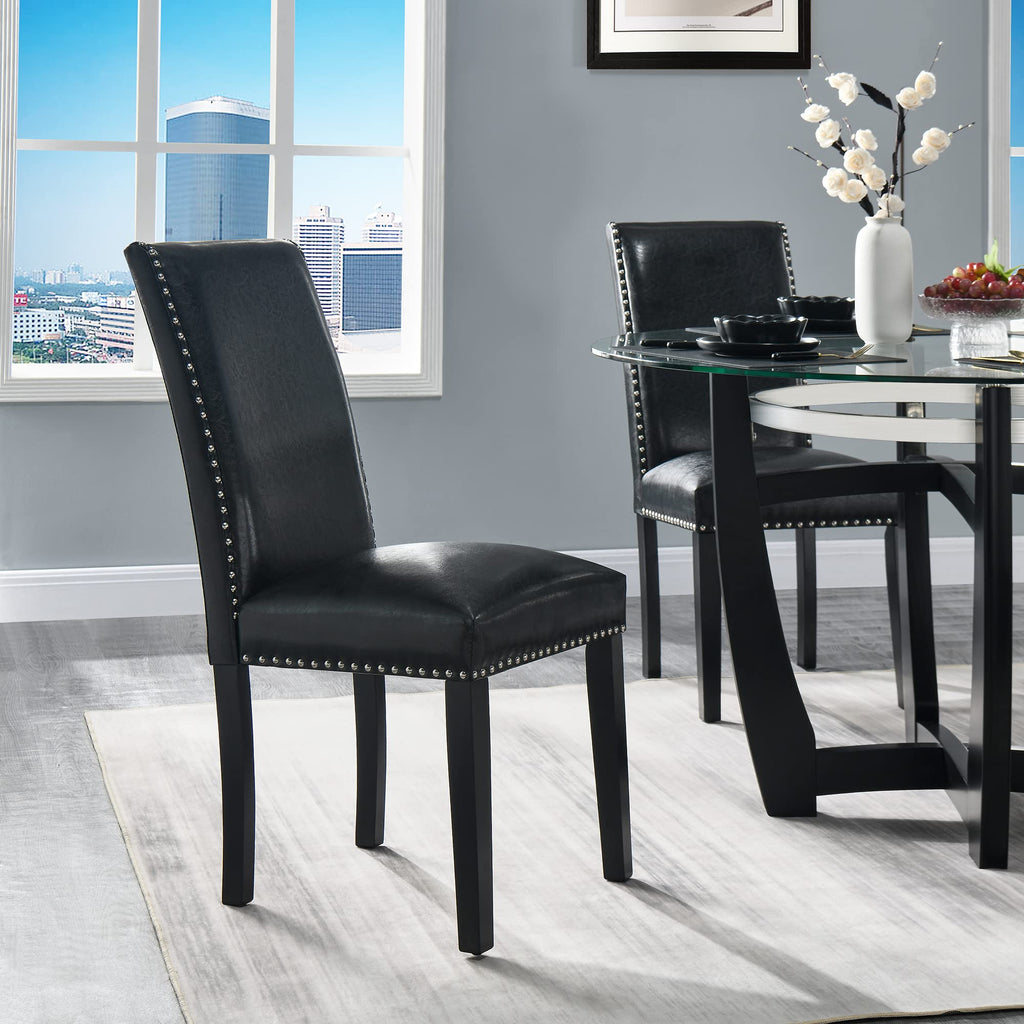 Black Faux Leather Dining Chairs Set of 4 with Wood Legs E5401