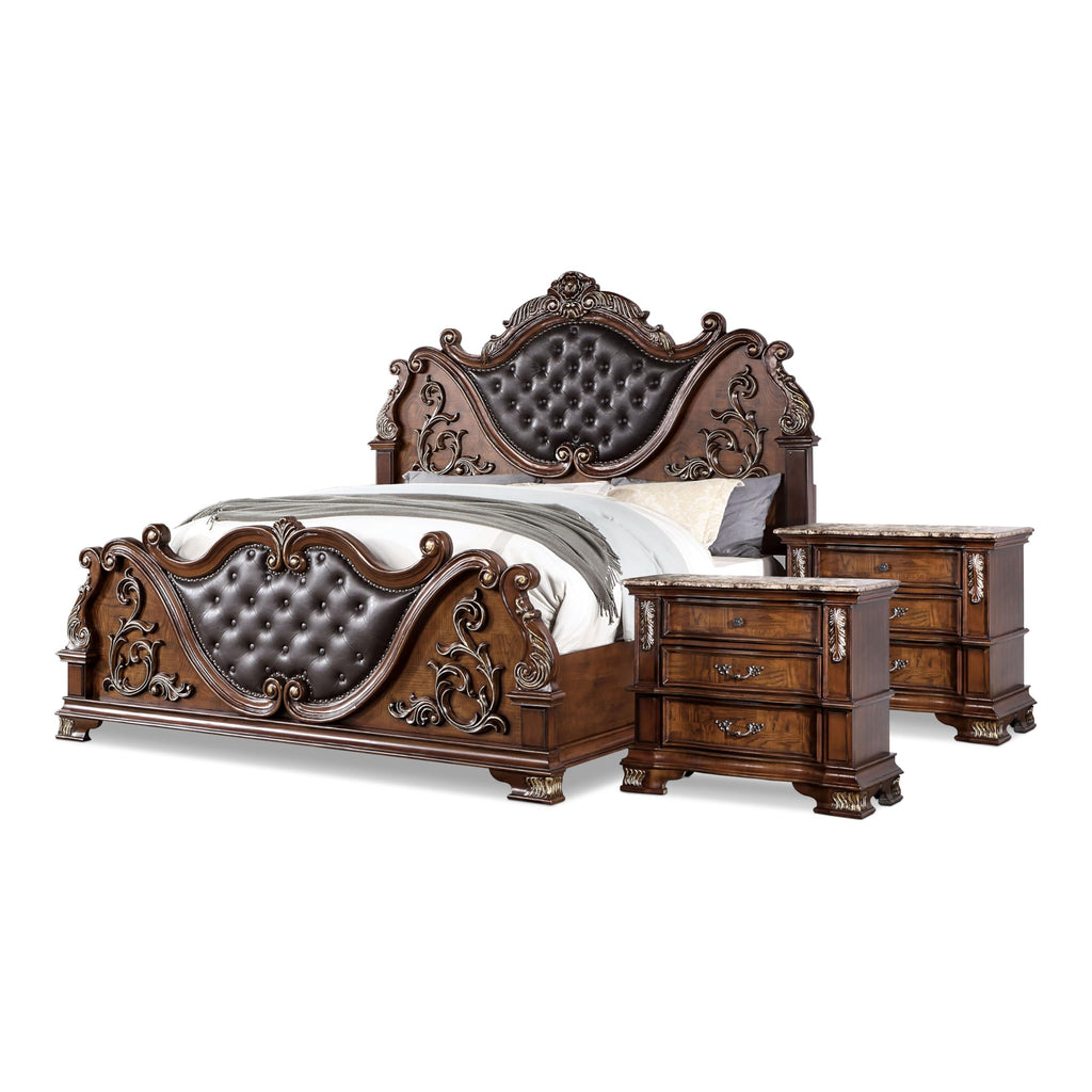 Wood 3-Piece California King Bedroom Set with Marble Top Nightstand I13655