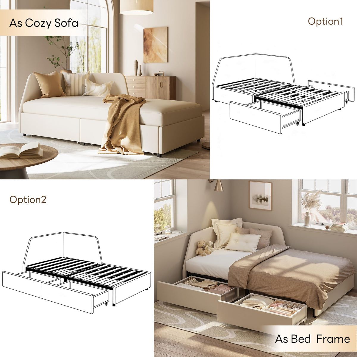 Twin Corner Daybed with 2 Drawers and Headboard, Beige S21654