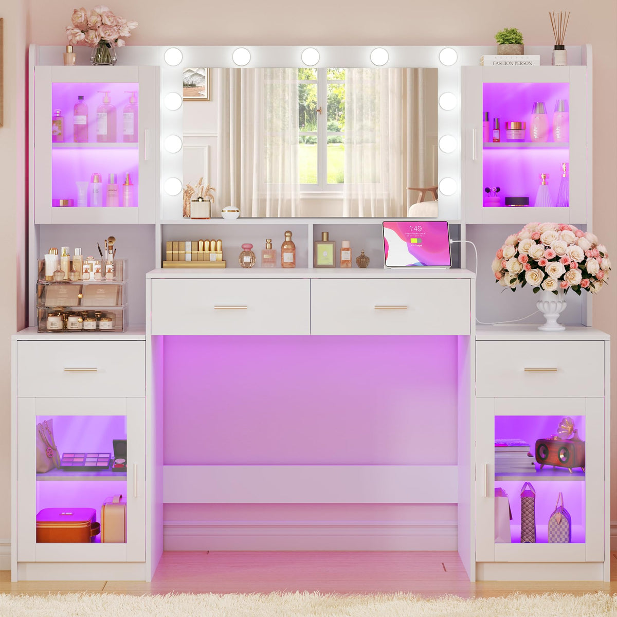 Large White Vanity Desk with Mirror and Lights R1760