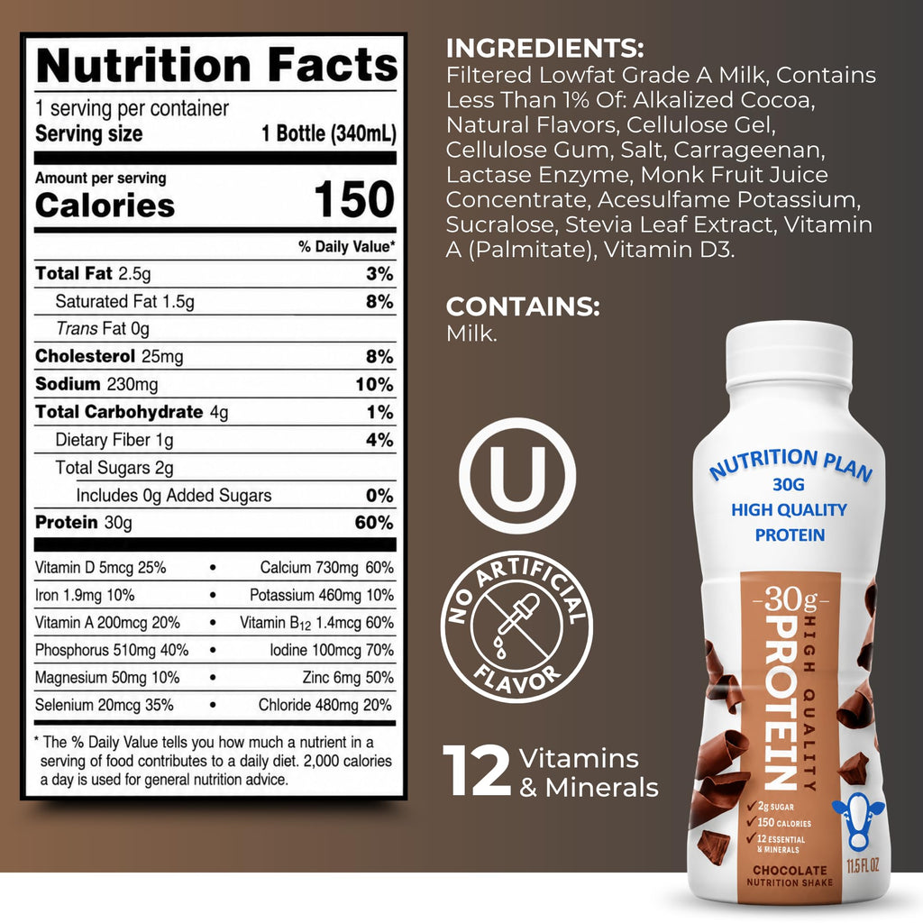 High-Protein Ready to Drink Shake – 30g Milk Protein, 150 Calories, 2g Sugar – Lactose Free, Chocolate, 11.5 fl oz (12 Pack) I7879