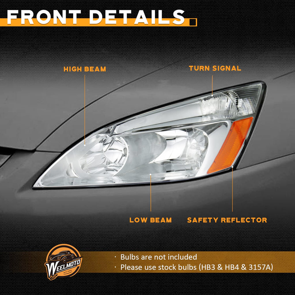 Headlights for 2003-2007 Honda Accord Chrome Housing Amber Reflector Left+Right N6181