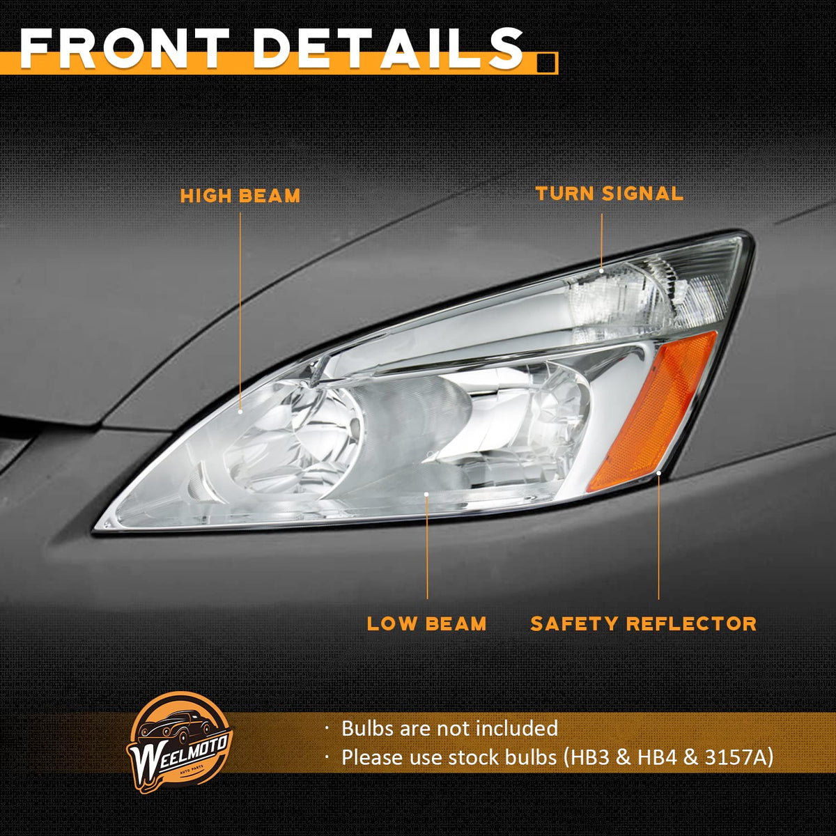 Headlights for 2003-2007 Honda Accord Chrome Housing Amber Reflector Left+Right N6181