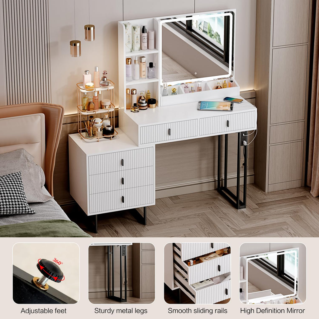 White Vanity Desk with Mirror and 5 Sliding Drawers N89395