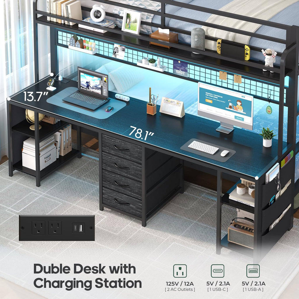 Twin Over Twin Bunk Bed with Desk and LED Lights C802