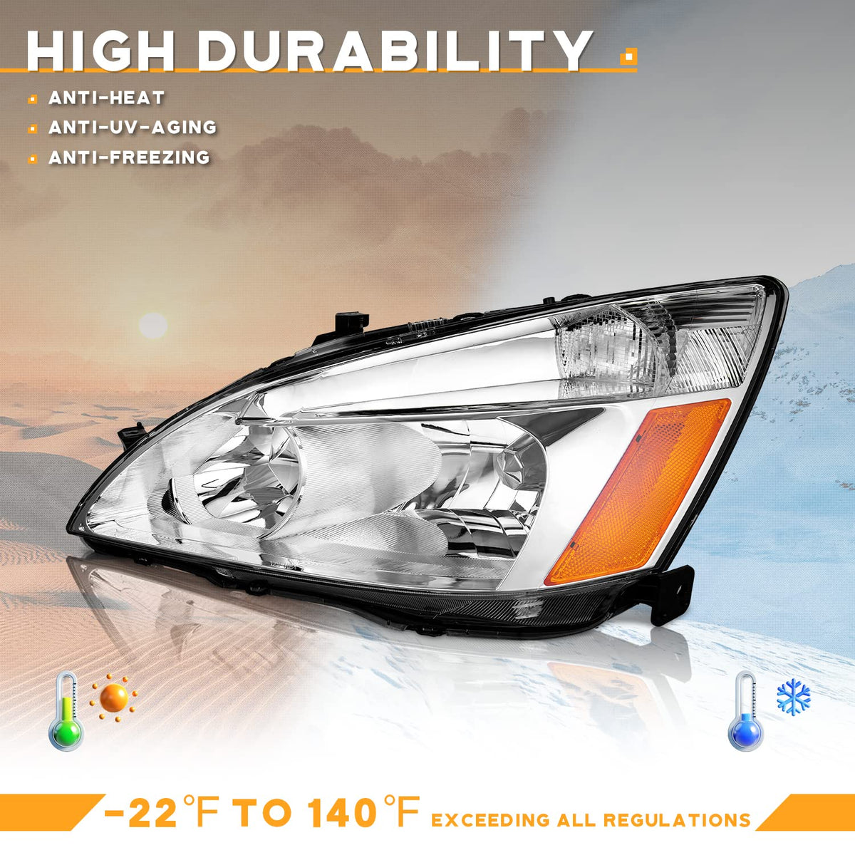 Headlights for 2003-2007 Honda Accord Chrome Housing Amber Reflector Left+Right N6181