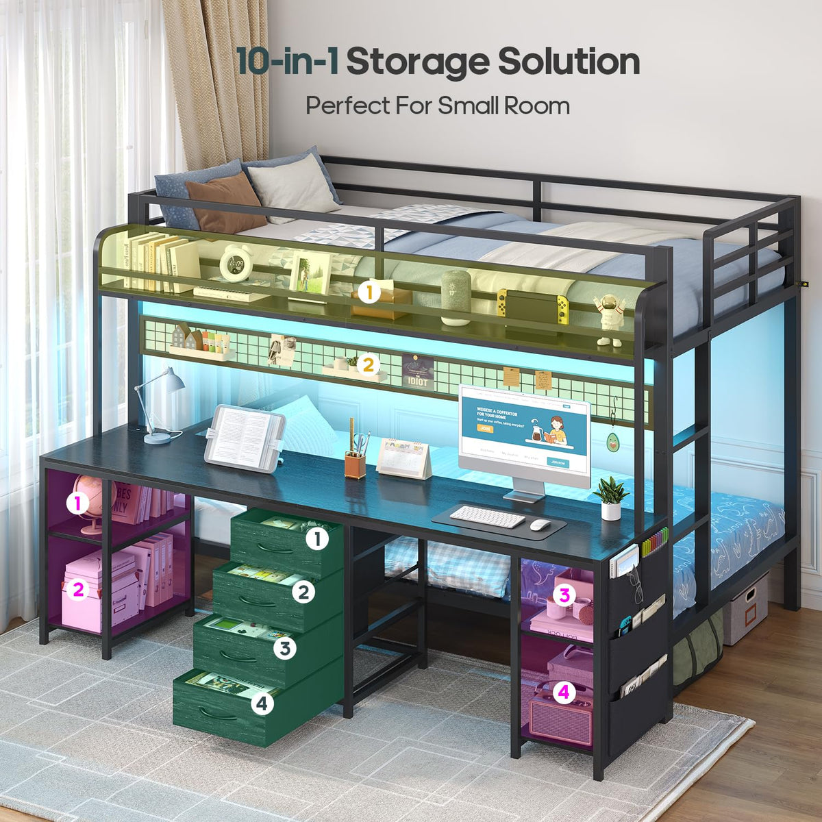 Twin Over Twin Bunk Bed with Desk and LED Lights C802